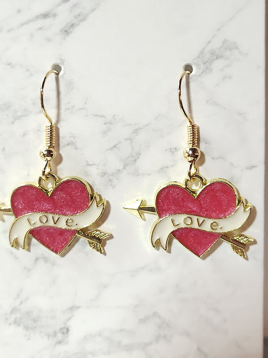 Valentine's Day Love Banner Heart Earrings - Pink Glitter & Gold Arrow