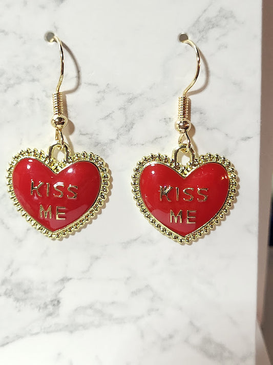 Valentine's Day Kiss Me Heart Earrings - Red & Gold Beveled
