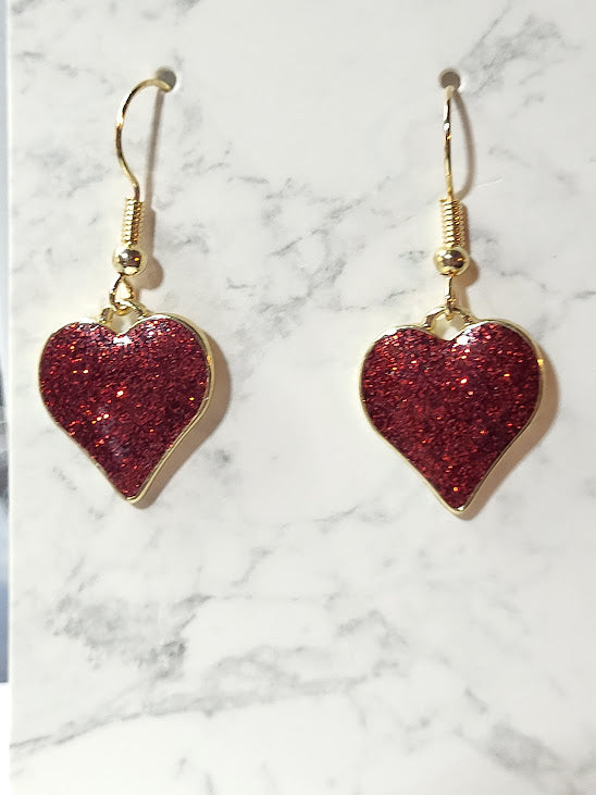 Valentine's Day Glitter Heart Earrings - Sparkly Red & Gold