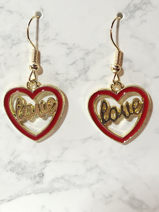 Valentine's Day Love Heart Earrings - Red & Gold Dangle