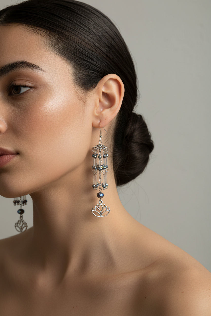 Windchime Earrings - Silver & Iridescent Beads with Lotus Charm
