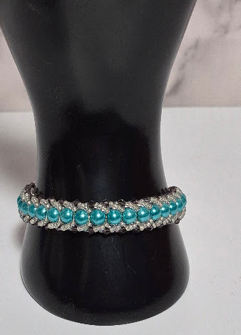 Teal Pearl & Amethyst Crystal Woven Bracelet, Handmade 6mm Glass Pearl Bracelet with Silver Miyuki Seed Beads & Amethyst Bicone Accents, Artisan Jewelry, Gift for Her