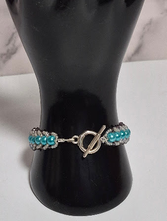 Teal Pearl & Amethyst Crystal Woven Bracelet, Handmade 6mm Glass Pearl Bracelet with Silver Miyuki Seed Beads & Amethyst Bicone Accents, Artisan Jewelry, Gift for Her