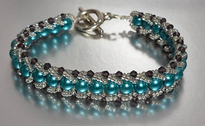 Teal Pearl & Amethyst Crystal Woven Bracelet, Handmade 6mm Glass Pearl Bracelet with Silver Miyuki Seed Beads & Amethyst Bicone Accents, Artisan Jewelry, Gift for Her