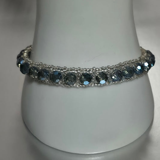 Iridescent Sapphire Crystal Tennis Bracelet, Handmade Silver Miyuki Seed Bead Lattice Woven Bracelet, Elegant Artisan Jewelry, Gift for Her
