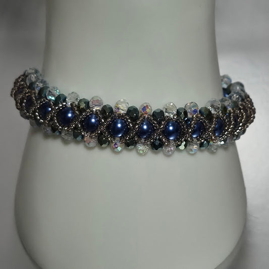 Navy Blue Pearl & Crystal Woven Bracelet, Handmade Lavender Delica Seed Bead Bracelet with Jade Green & Crystal Rondelles, Elegant Artisan Jewelry, Gift for Her