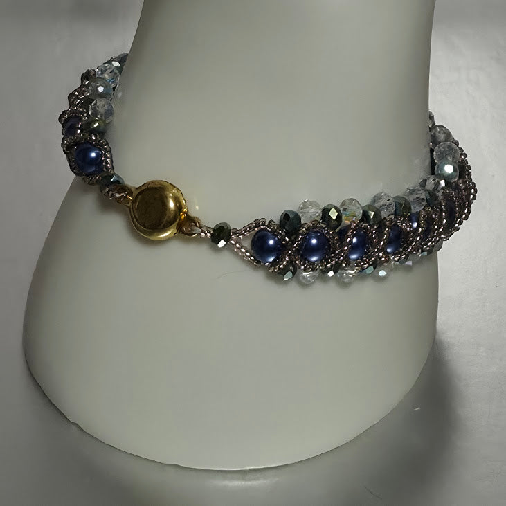 Navy Blue Pearl & Crystal Woven Bracelet, Handmade Lavender Delica Seed Bead Bracelet with Jade Green & Crystal Rondelles, Elegant Artisan Jewelry, Gift for Her
