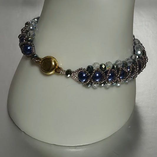 Navy Blue Pearl & Crystal Woven Bracelet, Handmade Lavender Delica Seed Bead Bracelet with Jade Green & Crystal Rondelles, Elegant Artisan Jewelry, Gift for Her