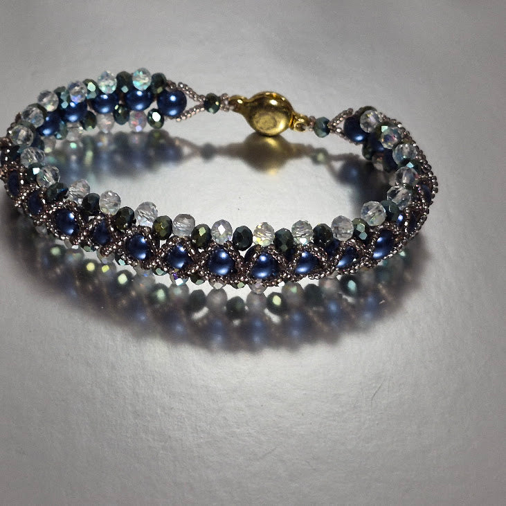 Navy Blue Pearl & Crystal Woven Bracelet, Handmade Lavender Delica Seed Bead Bracelet with Jade Green & Crystal Rondelles, Elegant Artisan Jewelry, Gift for Her