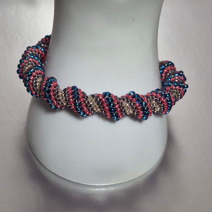 Cellini Spiral Roll-On Bracelet, Handmade Blue Pink Purple Seed Bead Bracelet, Spring Colors Artisan Jewelry, Gift for Her