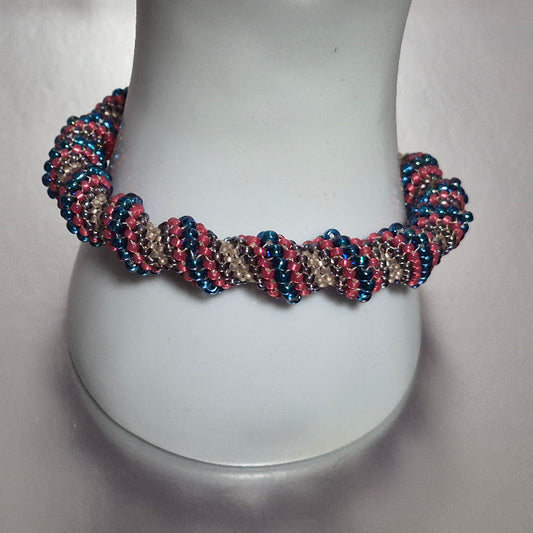 Cellini Spiral Roll-On Bracelet, Handmade Blue Pink Purple Seed Bead Bracelet, Spring Colors Artisan Jewelry, Gift for Her