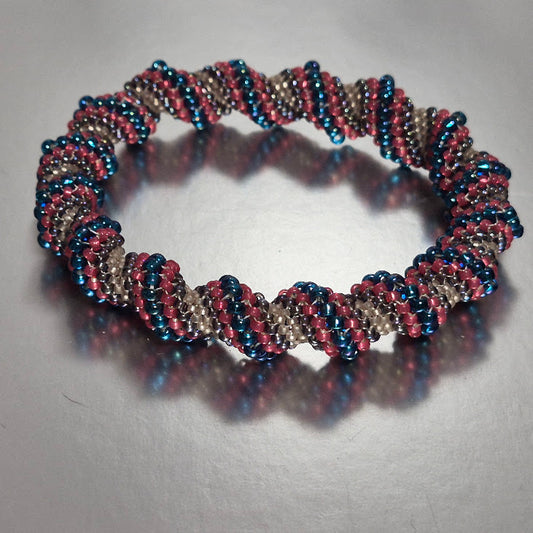 Cellini Spiral Roll-On Bracelet, Handmade Blue Pink Purple Seed Bead Bracelet, Spring Colors Artisan Jewelry, Gift for Her