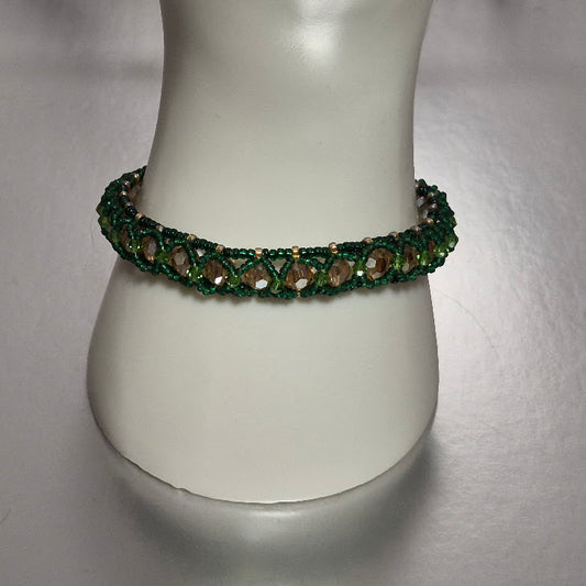 Green Miyuki & Citrine Crystal Tennis Bracelet, Handmade Lattice Woven Seed Bead Bracelet with Gold Toggle Clasp, Artisan Statement Jewelry, Gift for Her