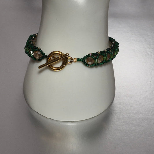 Green Miyuki & Citrine Crystal Tennis Bracelet, Handmade Lattice Woven Seed Bead Bracelet with Gold Toggle Clasp, Artisan Statement Jewelry, Gift for Her