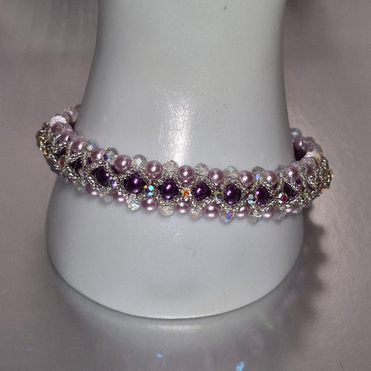 Purple & Lavender Crystal Rhinestone Woven Bracelet, Handmade Glass Pearl & Silver Delica Beaded Bracelet, Bridal Wedding Jewelry, Gift for Her