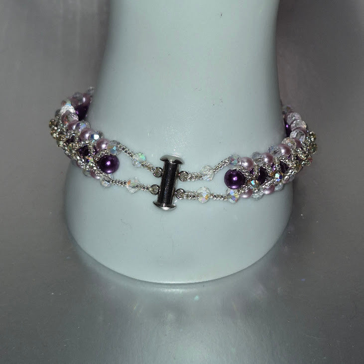 Purple & Lavender Crystal Rhinestone Woven Bracelet, Handmade Glass Pearl & Silver Delica Beaded Bracelet, Bridal Wedding Jewelry, Gift for Her