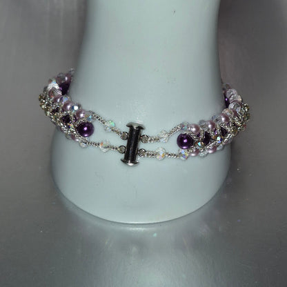 Purple & Lavender Crystal Rhinestone Woven Bracelet, Handmade Glass Pearl & Silver Delica Beaded Bracelet, Bridal Wedding Jewelry, Gift for Her