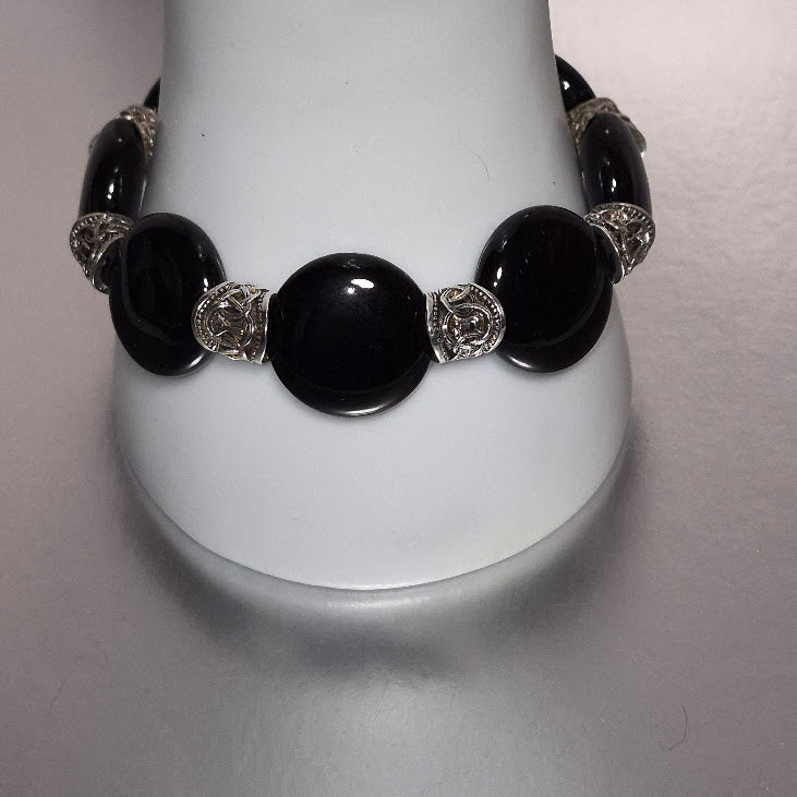 Black Onyx Coin Bead Stretch Bracelet, Handmade Large Oval Bead Bracelet with Silver Filigree Rondelles, Bold Statement Jewelry, Gift for Her