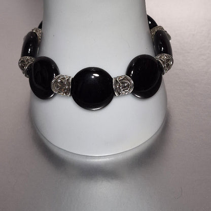 Black Onyx Coin Bead Stretch Bracelet, Handmade Large Oval Bead Bracelet with Silver Filigree Rondelles, Bold Statement Jewelry, Gift for Her