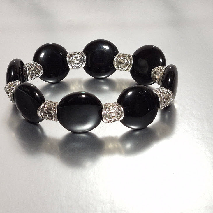 Black Onyx Coin Bead Stretch Bracelet, Handmade Large Oval Bead Bracelet with Silver Filigree Rondelles, Bold Statement Jewelry, Gift for Her