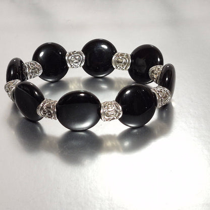Black Onyx Coin Bead Stretch Bracelet, Handmade Large Oval Bead Bracelet with Silver Filigree Rondelles, Bold Statement Jewelry, Gift for Her