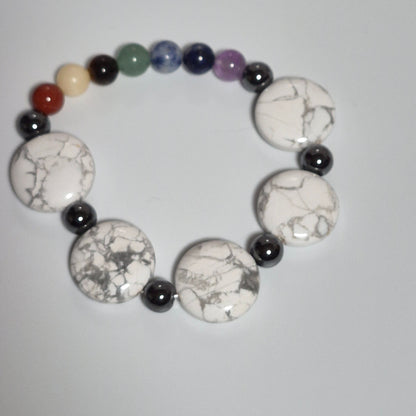 White Turquoise & Hematite Chakra Stretch Bracelet, Handmade 7 Chakra Gemstone Bracelet, Spiritual Healing Jewelry, Gift for Her