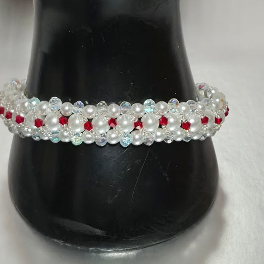 White Pearl & Red Crystal Woven Bracelet, Handmade Glass Bead Bracelet with Crystal Rondelle Border, Bridal Valentine Jewelry, Gift for Her