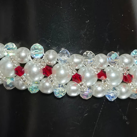 White Pearl & Red Crystal Woven Bracelet, Handmade Glass Bead Bracelet with Crystal Rondelle Border, Bridal Valentine Jewelry, Gift for Her