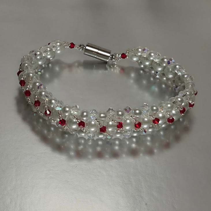 White Pearl & Red Crystal Woven Bracelet, Handmade Glass Bead Bracelet with Crystal Rondelle Border, Bridal Valentine Jewelry, Gift for Her