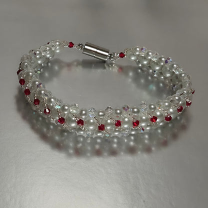 White Pearl & Red Crystal Woven Bracelet, Handmade Glass Bead Bracelet with Crystal Rondelle Border, Bridal Valentine Jewelry, Gift for Her