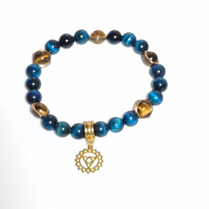 Blue Tiger's Eye Throat Chakra Stretch Bracelet, Handmade Smoky Tiger's Eye & Gold Charm Gemstone Bracelet, Spiritual Healing Jewelry, Gift for Her