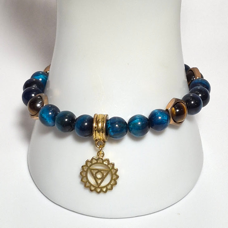 Blue Tiger's Eye Throat Chakra Stretch Bracelet, Handmade Smoky Tiger's Eye & Gold Charm Gemstone Bracelet, Spiritual Healing Jewelry, Gift for Her