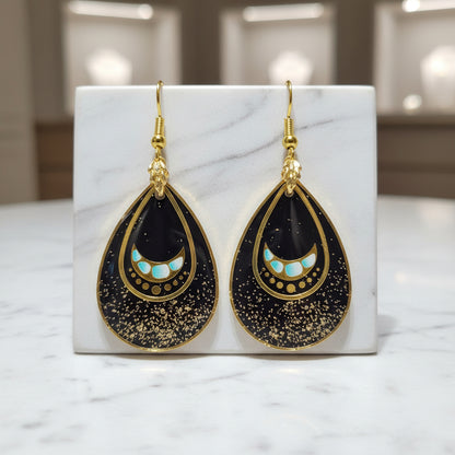 Black & Gold Glitter Celestial Dangle Earrings, Handcrafted UV Resin Teardrop Earrings, Artisan Jewelry, Gift for Her