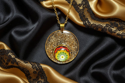 Black & Gold Glitter Mandala Pendant Necklace, Handcrafted Resin Statement Necklace, Artisan Jewelry, Gift for Her