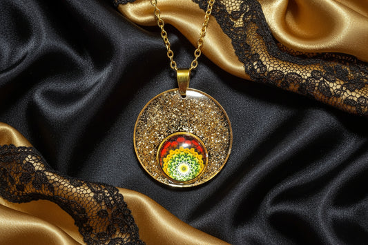 Black & Gold Glitter Mandala Pendant Necklace, Handcrafted Resin Statement Necklace, Artisan Jewelry, Gift for Her