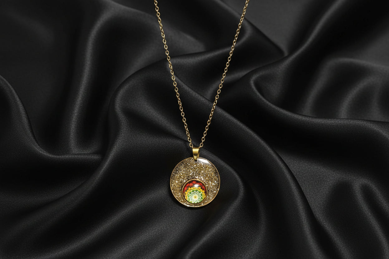 Black & Gold Glitter Mandala Pendant Necklace, Handcrafted Resin Statement Necklace, Artisan Jewelry, Gift for Her