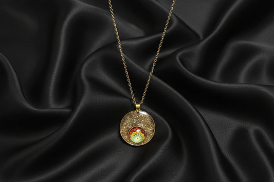 Black & Gold Glitter Mandala Pendant Necklace, Handcrafted Resin Statement Necklace, Artisan Jewelry, Gift for Her