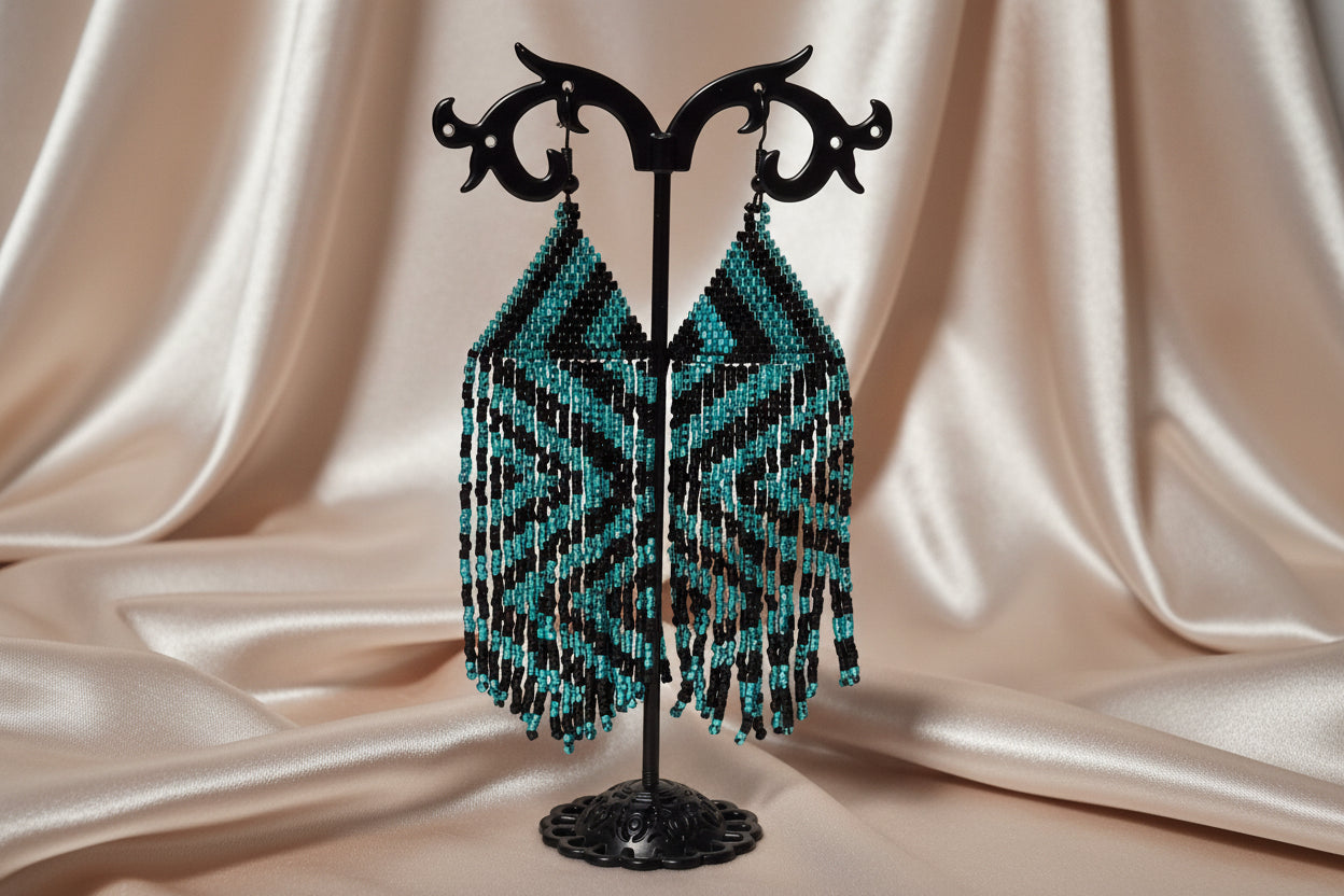 Teal & Black Geometric Beaded Fringe Earrings | 4 Inch Miyuki Seed Bead Fringe | Handmade Statement Earrings
