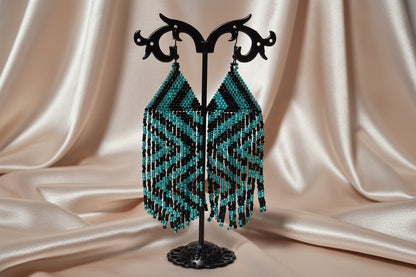 Teal & Black Geometric Beaded Fringe Earrings | 4 Inch Miyuki Seed Bead Fringe | Handmade Statement Earrings