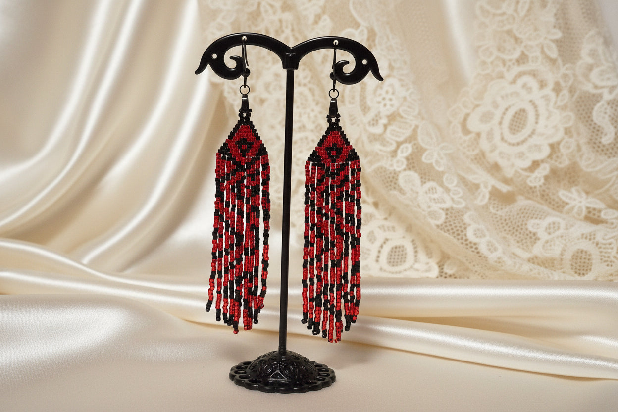 Crimson & Black Zigzag Beaded Fringe Earrings | 4 Inch Miyuki Seed Bead Fringe | Handmade Statement Earrings