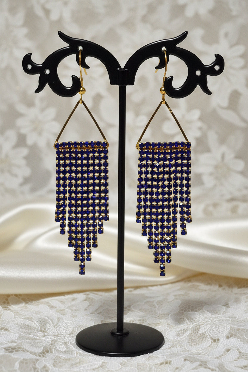 Sapphire Blue & Gold Cup Chain Fringe Earrings | 3 Inch Rhinestone Cascade | Handmade Statement Earrings