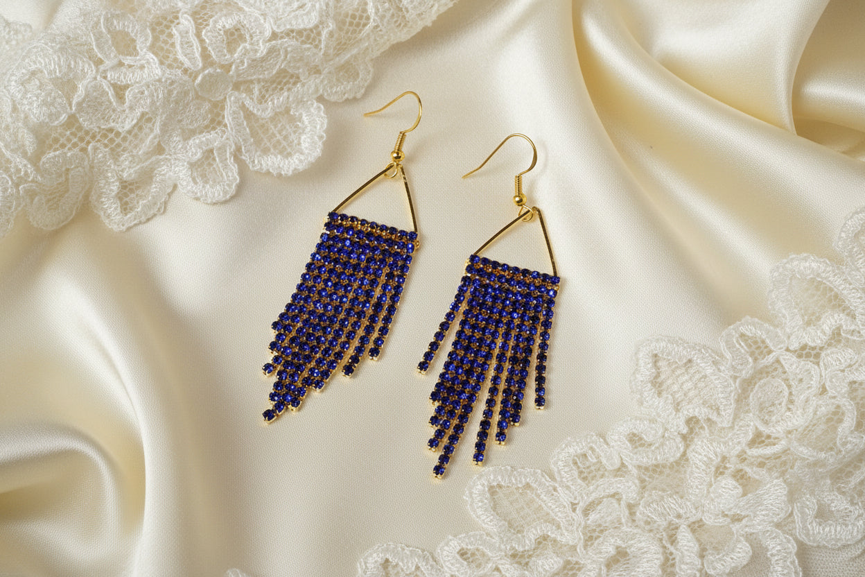 Sapphire Blue & Gold Cup Chain Fringe Earrings | 3 Inch Rhinestone Cascade | Handmade Statement Earrings
