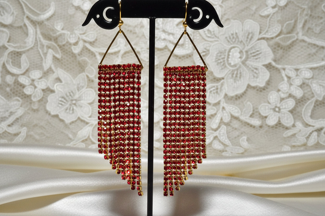 Ruby Red & Gold Cup Chain Fringe Earrings | 3.5 Inch Rhinestone Cascade | Handmade Statement Earrings