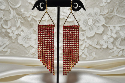 Ruby Red & Gold Cup Chain Fringe Earrings | 3.5 Inch Rhinestone Cascade | Handmade Statement Earrings