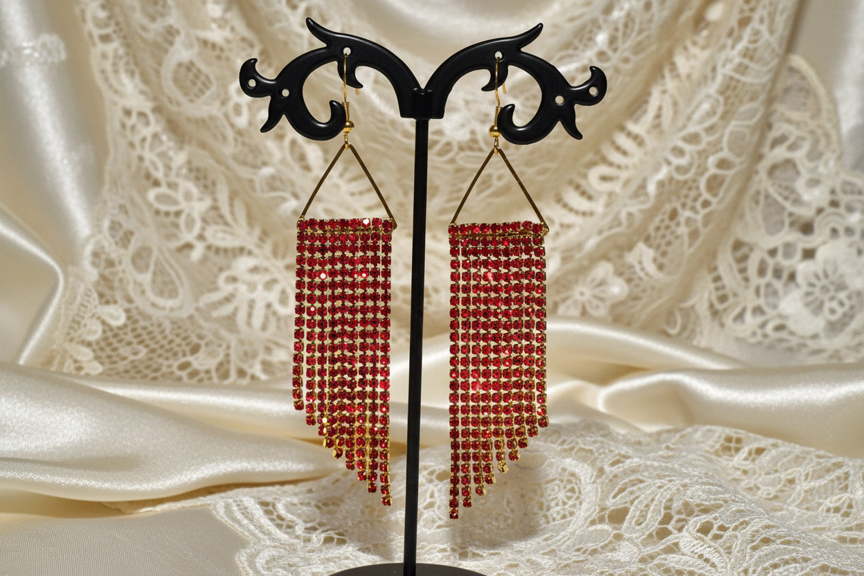 Ruby Red & Gold Cup Chain Fringe Earrings | 3.5 Inch Rhinestone Cascade | Handmade Statement Earrings