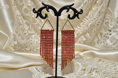 Ruby Red & Gold Cup Chain Fringe Earrings | 3.5 Inch Rhinestone Cascade | Handmade Statement Earrings