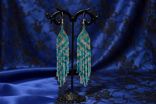 Teal & Ivory Zigzag Beaded Fringe Earrings | Miyuki Seed Bead Statement Earrings