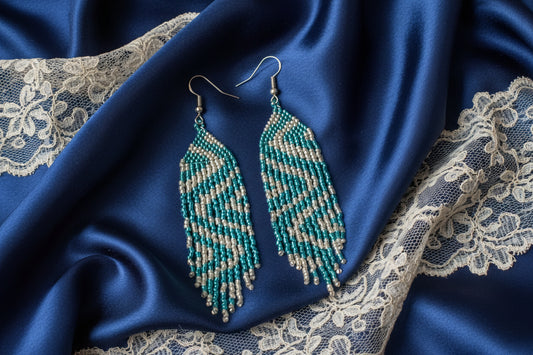 Teal & Ivory Zigzag Beaded Fringe Earrings | Miyuki Seed Bead Statement Earrings