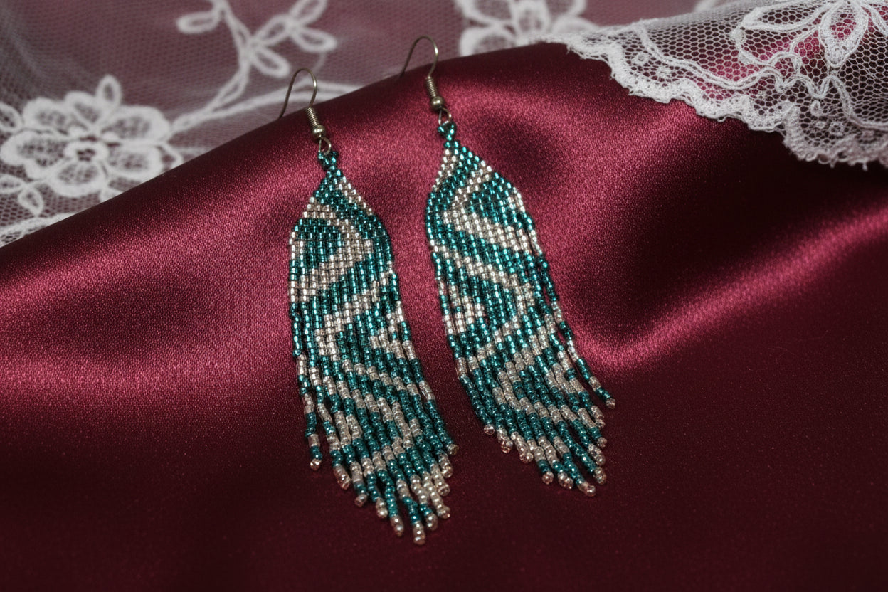 Teal & Ivory Zigzag Beaded Fringe Earrings | Miyuki Seed Bead Statement Earrings