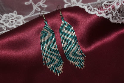 Teal & Ivory Zigzag Beaded Fringe Earrings | Miyuki Seed Bead Statement Earrings